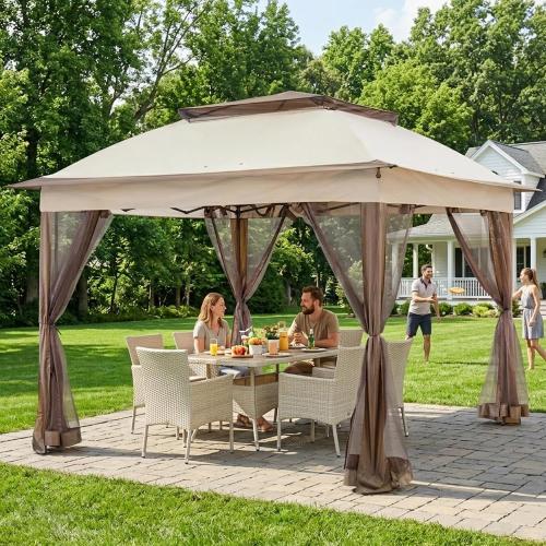 COOS BAY 11x11 Pop Up Gazebo with Mesh Netting, Instant Outdoor Canopy Tent, Water Resistant Shelter with UPF 50  UV Protection, 121 Sq Ft Coverage, Beige