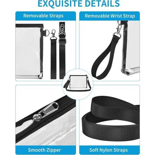 Bagenius Clear Purse Stadium Approved, Crossbody Bag with Detachable Straps | 0.5mm Thickened PVC, 7.5x10x1.5 Inches Stadium Approved, Transparent bag for Concert, Festival, Game Day, Sports, Black