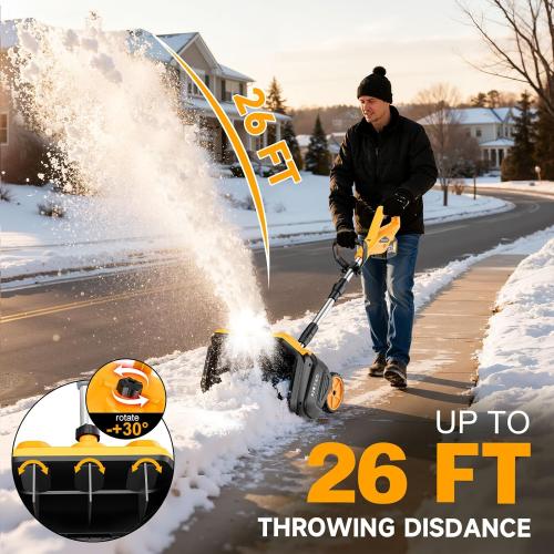 17-Inch Cordless Snow Shovel with Wheels, 9000mAh Brushless Electric Snow Blower Battery Powered, 26Ft Snow Thrower Distance&Adjustable Plate, Snow Removal for Driveway Deck Sidewalks