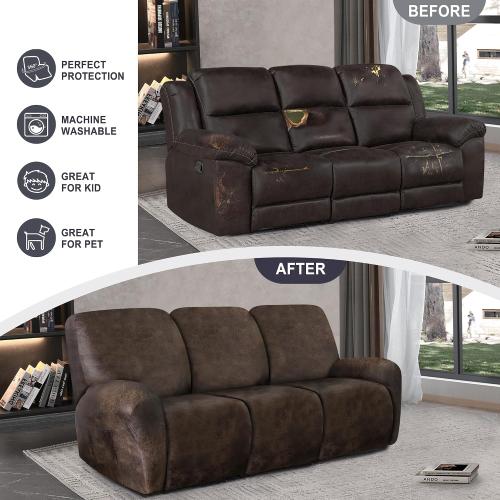 ANARACHON Leather Look Recliner Couch Cover, 8-Pieces Stretch Recliner Sofa Covers, Soft Reclining Slipcover, Washable Furniture Protector for Pets (3 Seater, Brown)