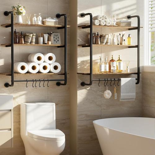 3 Tier Industrial Pipe Floating Shelf, 24 Kitchen Wall Shelves with Towel Bar & 6 Hooks, Coffee Bar Shelves Display Bookshelf Wall Shelf for Kitchen, Bathroom, Home Décor, Rustic Brown