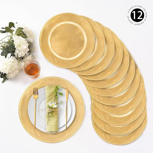 MAONAME Gold Charger Plates Set of 12, Foil 13 Plate Chargers with Beaded, Plastic Round Chargers for Dinner Plates, Table Setting