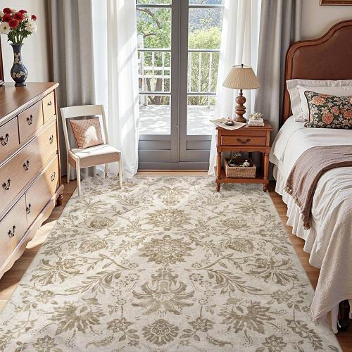 jinchan Torino Floral 5x7 Area Rugs, Vintage-Inspired Neutral Design Accent Rug, Machine Washable Ultra-Thin Low-Pile Non-Slip Traditional Carpet for Living Room Bedroom Dining Room Home Office, Taupe