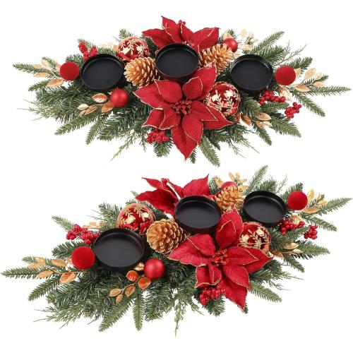 Alupssuc 28 Christmas Centerpiece with 3 Candle Holders Trays,Dining Table Decoration with Baubles, Pine Cones, Red Berries, Spruce Branches, Flower for Indoor Home Party Table Holiday Decor, 2 Pcs