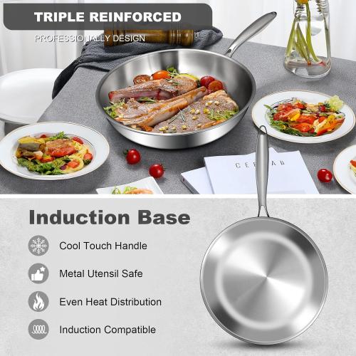 EWFEN 12 Inch Tri-Ply Stainless Steel Frying Pan, Compatible with All Cooktops Up to 600℉, Large Frying Pan Induction-Ready Skillet, Dishwasher and Oven Safe, Even Heat, 12 Skillet