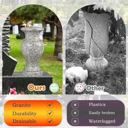 Cemetery Vase, Turned Granite Vase Polished, Memorial Stone Vases with Draining Holes for Home Tabletop, Cemetery Flowers, Grave Headstone Decorations (1pc, Grey)