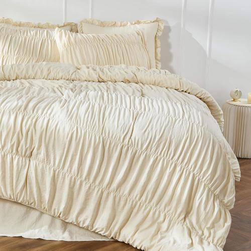 Queen Comforter Set - Ruched Comforter Queen Size Bed Set Boho Shabby Chic Bedding for Bedroom Comforter Fluffy 3 Piece Ruffle Comforter Set with Pillow White Bedding Soft