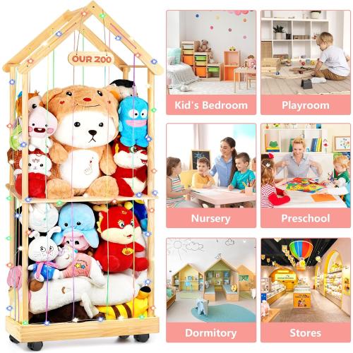 Stuffed Animal Storage Toy Storage Organizer – Doodleable Wooden Stuffed Animal Holder with LED Light, 360° Swivel Wheels for Nursery Playroom Bedroom Kids Room