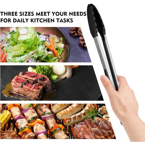 HOTEC Premium Stainless Steel Locking Kitchen Tongs with Silicon Tips, Set of 3-7, 9 and 12 (Black,Grey,Khaki)