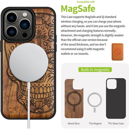 Carveit Magnetic Wooden Case for iPhone 15 Pro Case, Compatible with MagSafe Wireless Chargers, Black Soft TPU Shockproof Cover & Wood Artisan Engraved (Sugar Skull) - Walnut