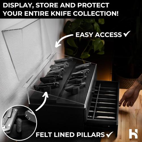 Holme & Hadfield Premium Knife Display Case for up to 50 Knives – Extra Large Handcrafted Wooden Pocket Knife Organizer for Collections – Birthday Gift for EDC Collectors – Luxury Built to Last