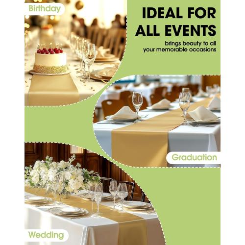Pureegg Gold Plastic Table Runners - 10 Pack, 14'' x 108'', Water Resistant & Disposable Centerpiece Decorations for Table Cloth, Wedding, Birthday, Holiday, Baby Shower, Party, Home Decor