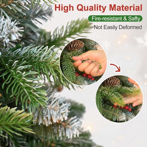 4ft Unlit Christmas Tree Pre-Decorated Snow Flocked with Pine Cones & Red Berries Artificial Xmas Tree for Holiday Office Outdoor Christmas Decoration(Green White)