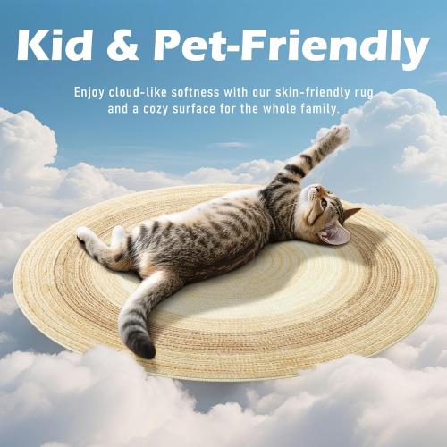 Carvapet 5 ft Round Washable Rug, Imitation Jute Low Pile Circle Carpet with Non Slip Rubber Backing, Foldable Stain Resistant Area Rug for Living Room Bedroom Office Bathroom