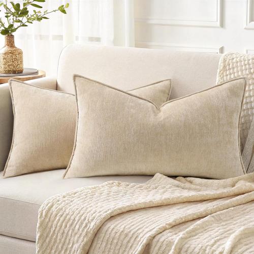 decorUhome Spring Couch Throw Pillow Covers 12x20 Set of 2, Decorative Soft Velvet Modern Cozy Chenille Lumbar Pillow Cases with Elegant Design for Sofa Bed Living Room Home Decor, Beige