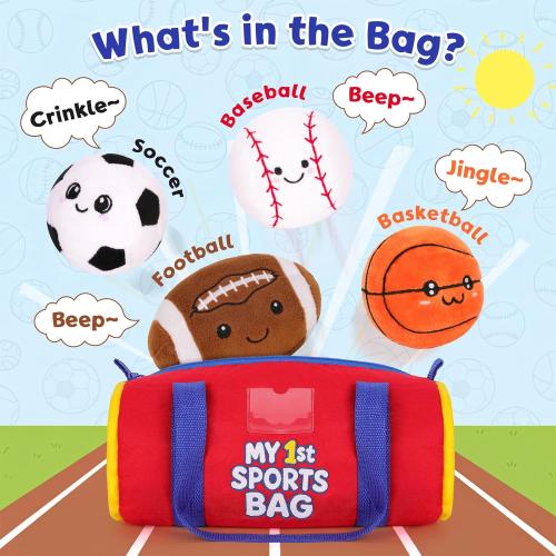 My 1st Sports Bag Plush Toy Playset with Soft Stuffed Balls, Basketball Baseball Football Soccer Ball Plush, Sensory Baby Toys for Toddlers Boys Girls (Sports Bag)