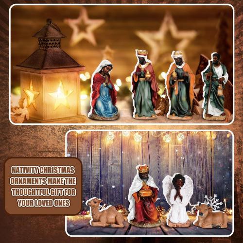Thyle 12 Pcs African American Mini Nativity Scene Set for Christmas Indoor Decor Wooden Little Black Nativity People Set Mini Christmas Ornaments Gifts Xmas Tabletop Scenes Figures