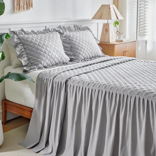 Ruffle Skirt Bedspread Set - 30 Long Drop - Vintage Chic Ruffled Summer Coverlet Bed Spreads Quilt Boho Bedding Farmhouse Style Lightweight Luxurious Rustic 3 Piece Set Queen Size Gray