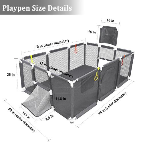 Large Baby Playpen 74''×50'', Play Pen Playards for Babies Toddlers, Ball Pit with Basketball Hoop & Soccer Nets, Kids Activity Fence Play Yard with Anti-Slip Base & Soft Breathable Mesh (Dark Grey)
