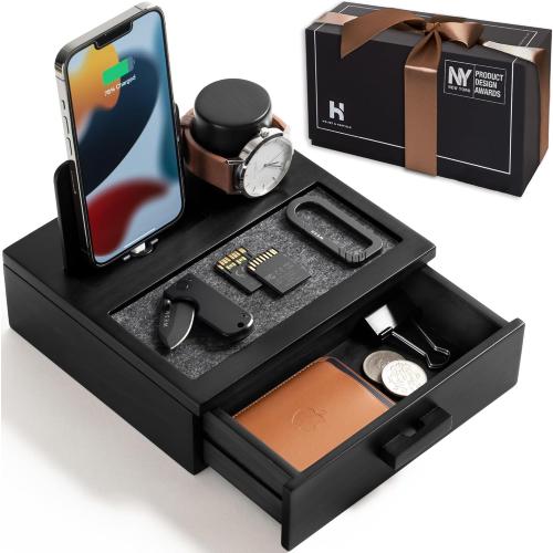 Color Black Holme & Hadfield Premium Wooden Phone Docking Station with Drawer – Nightstand Organizer for Charging Phone – Declutter Your Space with Felt-Lined Protection & Watch Pillar – Gift For Men