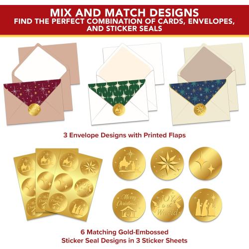 Decorably 18 Pack Gold Foil Embossed 5x7in Religious Christmas Cards with Envelopes & Stickers, 6 Elegant Holiday Designs Seasons Greetings for Friends & Loved Ones, Printed Message, Gifting, Mailing