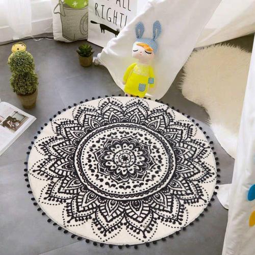Uphome Boho Round Rug for Bedroom 3' Circle Beige and Black Bathroom Rug with Pom Poms Fringe Washable Mandala Accent Throw Rugs Non-Slip Soft Floor Mat for Entryway Living Room Sofa Kids Room Nursery