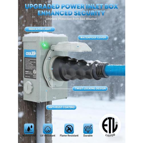 COOLTOP 50 Amp Generator Cord and Power Inlet Box Kit, 50FT Extension Cable STW 6/3 8/1 AWG Generator Cord 125/250V NEMA 14-50P to SS2-50R Pre-Drilled Inlet Box Waterproof Combo Kit, ETL Listed