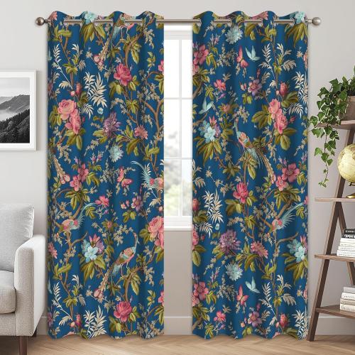 Floral Blackout Curtains for Bedroom 84 Inches Long - Red Flower and Birds Painting, Grommet Thermal Room Darkening Window Drapes for Vintage and Cottage Living Room