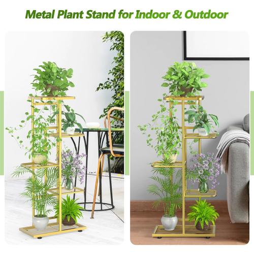 5 Tier 6 Potted Gold Plant Stand Indoor Outdoor with Gardening Tools and Gloves, Upgraded Corner Metal Plant Rack Units Shelf for Multiple Plants, Flower Pot Holder Display for Patio, Balcony, Living