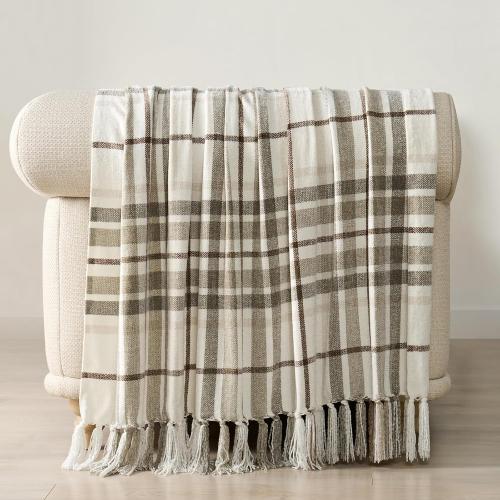 EVERGRACE Plaid Chenille Throw Blanket for Couch, Super Soft Cozy Decorative Farmhouse Plaid Throw with Tassels, Lightweight Chenille Knit Throw for Bed Sofa Gift Home Decor, Beige 50”x60”