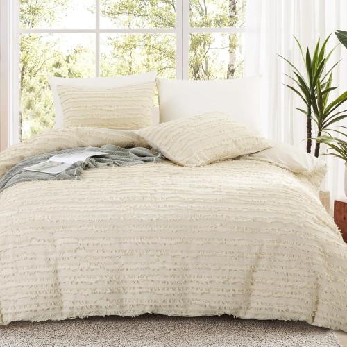 Textured Linen Stripe Duvet Cover Set Queen/King Size, 3 Pieces Linen Like Woven Bedding Set for All Seasons, Includes 1 Duvet Cover & 2 Pillowcases, King 104x90