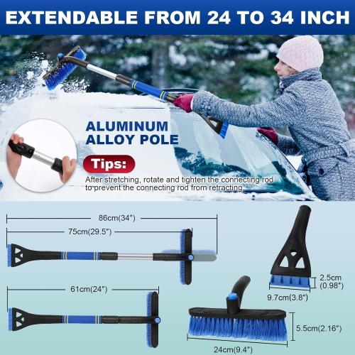 34 Extendable Ice Scrapers for Car Windshield 2-in-1 Snow Brush for Car Snow Scraper for Car Snow Scraper and Drush with Ergonomic Foam Grip for Cars, Trucks, SUVs with 360° Pivoting Brush Head Blue