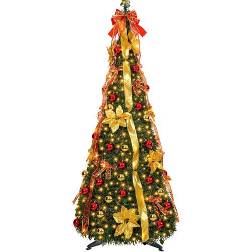 6 ft pre-lit Decorated Christmas Tree, 200 LED Warm Lights, Prelit pop-up Christmas Tree, Fully Decorated 66 Ornaments, Collapsible Pull Up Christmas Tree with Lights for Indoor Home Party Decor
