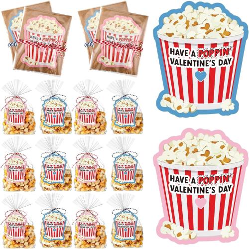 Tenceur 48 Pcs Valentine's Day Popcorn Tag Have a Poppin' Valentine's Day Gift Tags with OPP Bags and Ropes Valentines Labels Card for Popcorn Notecard Exchange Gift School Classroom Party Favors