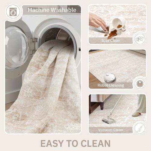 Size 8x10 Color White Area Rugs for Living Room, Stain Resistant Washable Rugs for Dining Room, Kitchen, Floral Vintage Non-Slip Thin Large Beige Rug