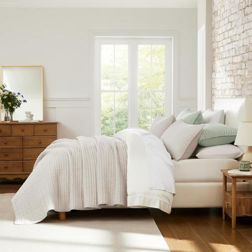 WDCOZY Beige Pick Stitch King Size Quilt Set, Striped Lightweight Soft Summer Spring Bedspread, Bamboo Linen Like Textured Coverlet, Chambray Farmhouse Country Rustic Bedding, Netural Thin Comforter