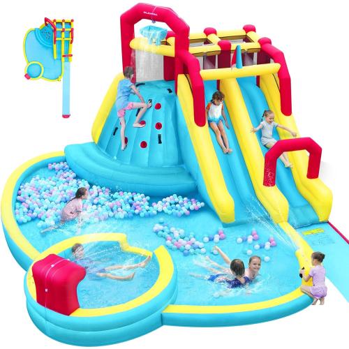 ELEMARA XL Inflatable Water Slides for Kids Backyard,Giant Water park with Long Slip Splash and Slide,Double Slides for Kids and Adults with 750W Blower,Climbing Wall,Deep Pool,Water Canon for Outdoor