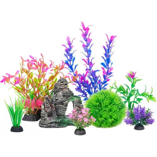 Ameliade Aquarium Artificial Plants & Rock Cave Betta Fish Tank Decor Set
