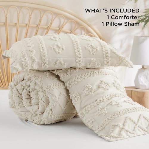 Bedsure Tufted Boho Comforter Set Twin Size - Beige Boho Bed Set, GentleSoft™ 2 Pieces Farmhouse Shabby Chic Embroidery Bedding, Gifts for Woman, Soft Jacquard Twin Comforter for All Seasons