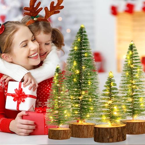 4 PCS Mini Christmas Trees, 4 Sizes Artificial Christmas Trees with 2 Modes LED String Lights Timer, Bottle Brush Trees Battery Powered Tabletop Tree Decoration (Warm White)