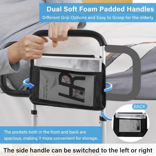 Bed Rails for Elderly Adults Safety, Grab Bar Bed Handrails for Seniors, Upgraded Adjustable Bed Cane with Supporting Foot & Double Pockets, Fall Prevention for Elderly