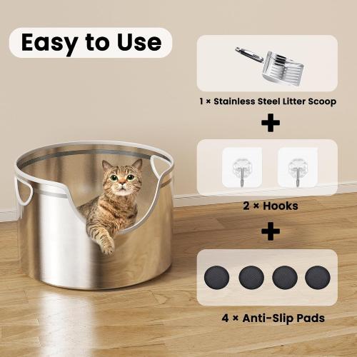 Stainless Steel Litter Box Metal with Integrated Round for XL/XXL Big and Multi Cats, 12 High Wall High Side, Odor Control, Easy to Clean, Durable, Includes Stainless Steel Scoop