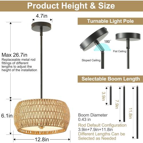 Rattan Pendant Light Kitchen Island,12.8 Hand-woven Modern Semi Flush Mount Ceiling Light Fixture,Boho Woven Lamp Shade Chandelier,Adjustable Farmhouse Hanging Light for Bedroom Bar Hallway