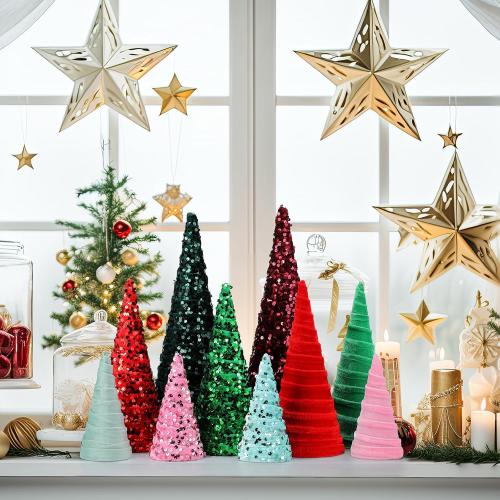 Ireer 12 Pcs Christmas Velvet Trees Set Various Size Velvet Cone Modern Decorations Indoor Table Tree Centerpiece Minimalist Xmas Holiday Winter Home Decor (Red Green)
