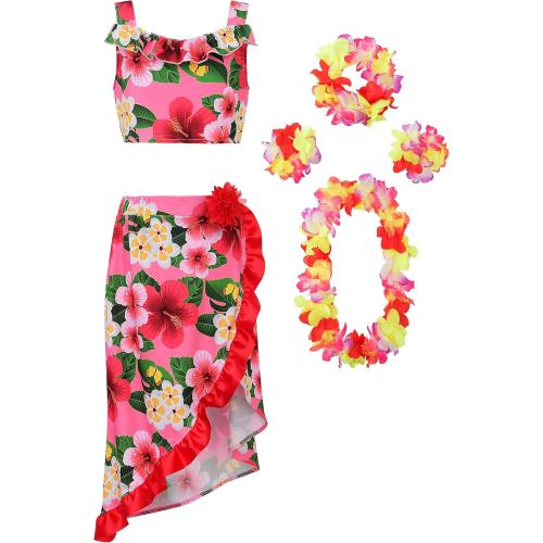 Size S....ReliBeauty Hawaiian Skirt Costume for Girls Red Flowers 6 Piece Kit