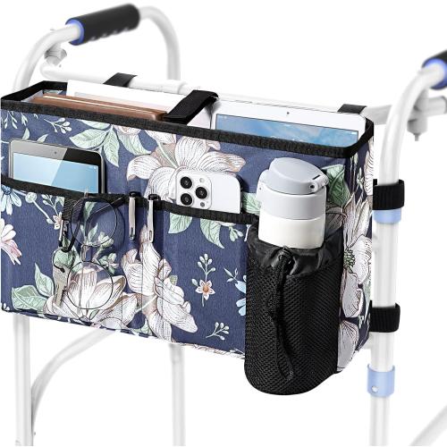 Rhino Valley Walker Bag, Multi Pockets Folding Walker Basket Tote Bag with Cup Holder, Hand-free Carry Pouch Storage Bag for Universal Walkers, Large Capacity Organizer for Seniors Elderly,Blue Cosmos