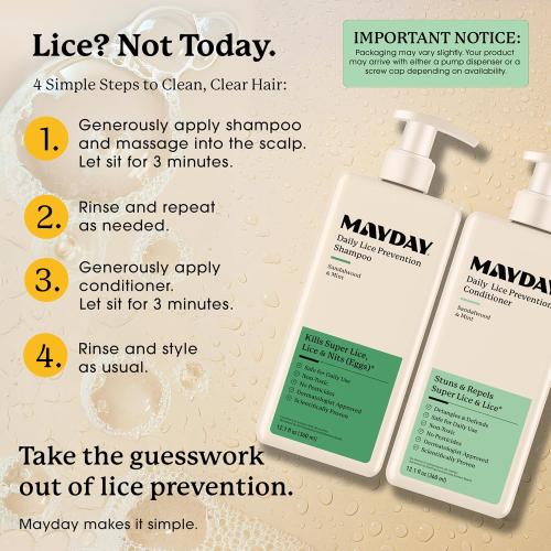 MAYDAY Daily Lice Routine, 12oz Shampoo & Conditioner, Sandalwood & Mint