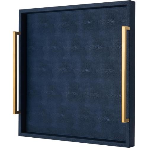 Large Navy Blue Decorative Tray for Ottoman,Stylish Rectangle Coffee Table Tray with Handles,Versatile Serving Tray for Living Room and Home Decor