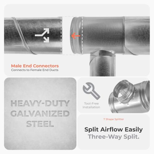 6 Inch to 90° Degree 6'' Inch Duct Connector - Metal Ducting Splitter for Round Ducts - Galvanized Steel 3 Way T-Joint, Adapter Flange - Home, Industrial HVAC Exhaust Ventilation Fitting