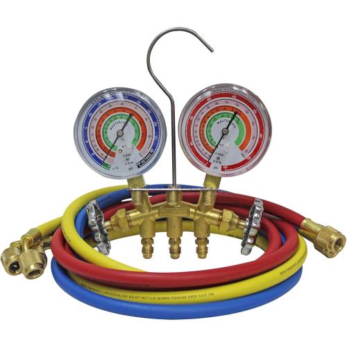 Mastercool 59161 2-Way Heavy Duty Brass Manifold Gauge Set with 3 1/8 Silicone Dampened Gauges and 1/4 SAE Fittings for R410a, R22, R404A - U.S. Assembled & Tested with 60 Hoses